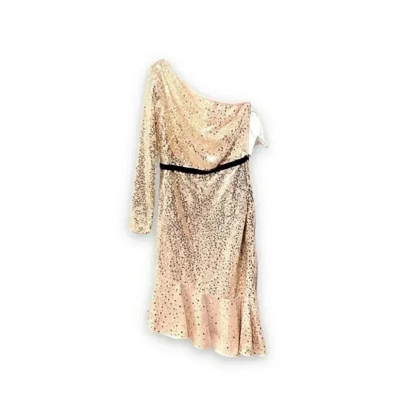 NWT Marchesa Notte Gold Sequin Ruffle Asymmetric One Shoulder Cocktail Dress 6 - Picture 3 of 9